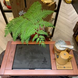 Bàn trà điện đa năng mặt đá nhìn từ trên xuống, chữ Thiền, hoa sen khắc gỗ và khu bếp điện