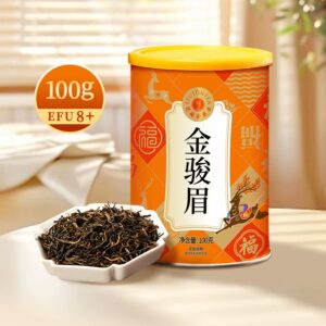 Hồng trà Kim Tuấn Mi Efuton lon 100g và đĩa trà khô bát giác