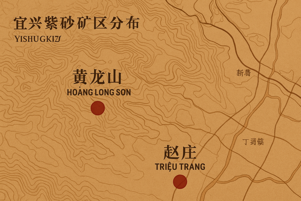 Đất Chu Nê Đại Hồng Bào - Huyền thoại và thực tại trong nghiên cứu Tử Sa Bản đồ vùng mỏ đất tử sa Nghi Hưng với vị trí các khu Hoàng Long Sơn và Triệu Trang.