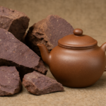 Đất tử nê Đế Tào Thanh Hồ Phủ thô mộc đặt cạnh ấm tử sa thành phẩm màu tím nâu trầm, thể hiện quá trình từ khoáng vật đến tác phẩm hoàn chỉnh.