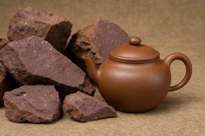 Đất tử nê Đế Tào Thanh Hồ Phủ thô mộc đặt cạnh ấm tử sa thành phẩm màu tím nâu trầm, thể hiện quá trình từ khoáng vật đến tác phẩm hoàn chỉnh.