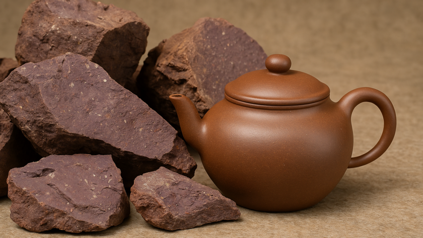 Đất tử nê Đế Tào Thanh Hồ Phủ thô mộc đặt cạnh ấm tử sa thành phẩm màu tím nâu trầm, thể hiện quá trình từ khoáng vật đến tác phẩm hoàn chỉnh.