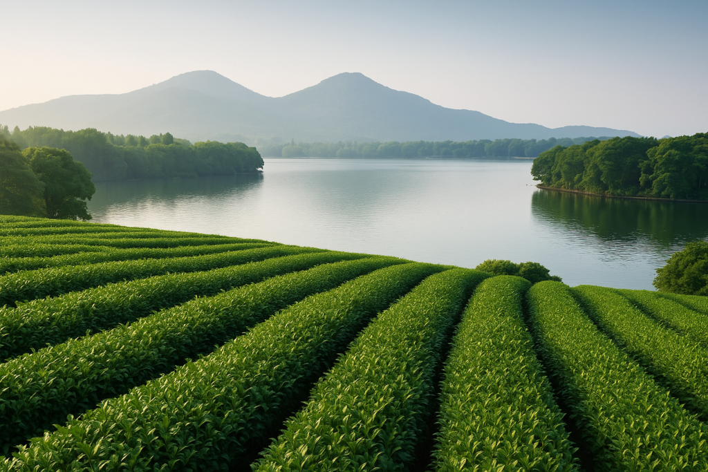 Cánh đồng trà xanh ven hồ Tây Hồ, Hàng Châu, phong cảnh thiên nhiên yên bình.