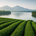 Cánh đồng trà xanh ven hồ Tây Hồ, Hàng Châu, phong cảnh thiên nhiên yên bình.
