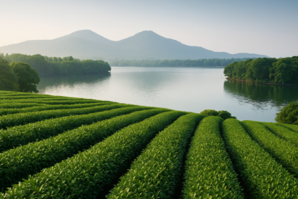Trà Long Tỉnh Tây Hồ – Tinh hoa của trà xanh Trung Hoa Cánh đồng trà xanh ven hồ Tây Hồ, Hàng Châu, phong cảnh thiên nhiên yên bình.