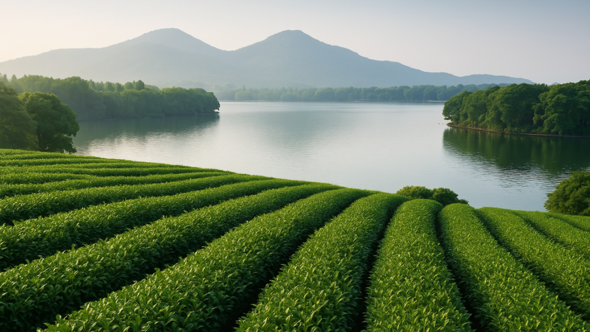 Cánh đồng trà xanh ven hồ Tây Hồ, Hàng Châu, phong cảnh thiên nhiên yên bình.