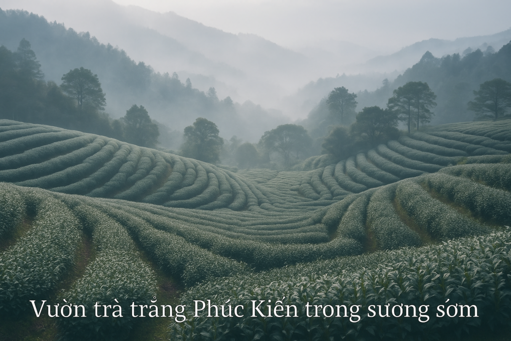 Trà Bạch Hào – Trà trắng cao cấp, thanh tao & quý phái Vườn trà trắng ở Phúc Kiến trong sương sớm, nơi sản xuất trà Bạch Hào nổi tiếng.