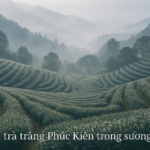 Vườn trà trắng ở Phúc Kiến trong sương sớm, nơi sản xuất trà Bạch Hào nổi tiếng.