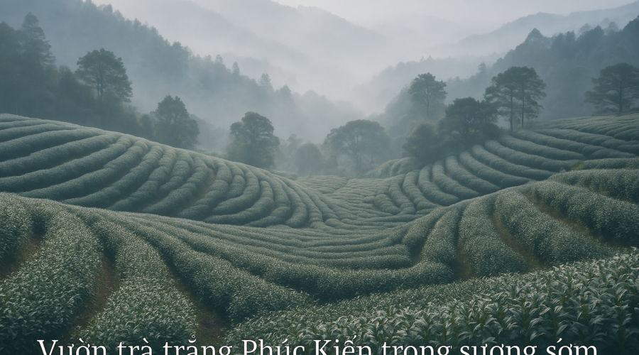 Vườn trà trắng ở Phúc Kiến trong sương sớm, nơi sản xuất trà Bạch Hào nổi tiếng.