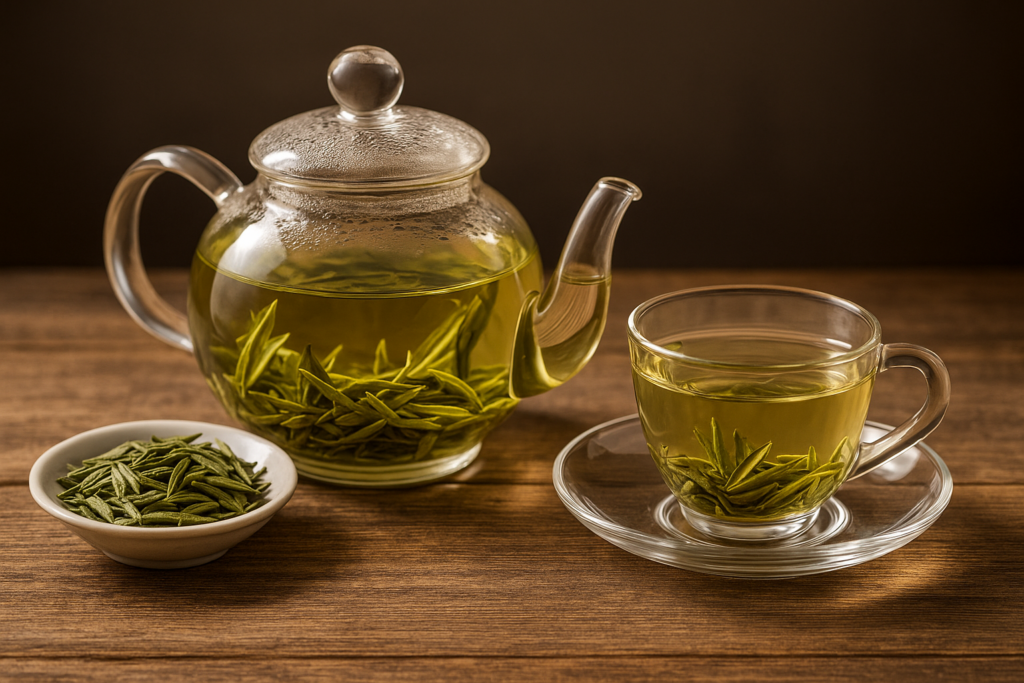 Bộ ấm chén thủy tinh trong suốt pha trà Long Tỉnh, nước trà xanh nhạt trong vắt.