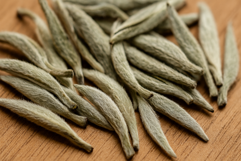 Trà Bạch Hào – Trà trắng cao cấp, thanh tao & quý phái Cận cảnh búp trà Bạch Hào khô phủ lông tơ trắng bạc, đặc trưng của trà trắng cao cấp.