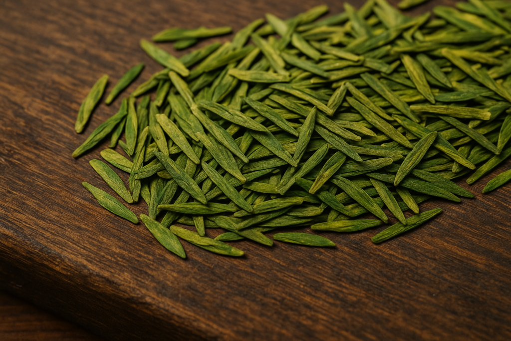 Lá trà Long Tỉnh khô, dẹt mỏng đặc trưng, màu xanh ngọc.