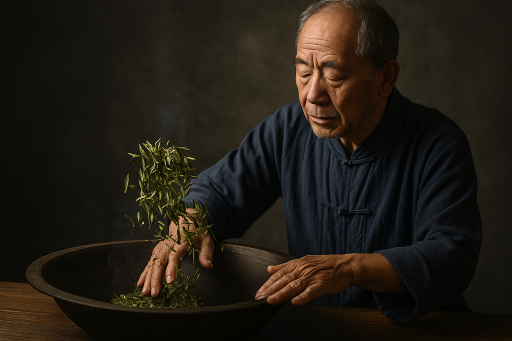 Nghệ nhân Trung Hoa đang sao chảo trà Long Tỉnh thủ công, lá trà dẹt phẳng.