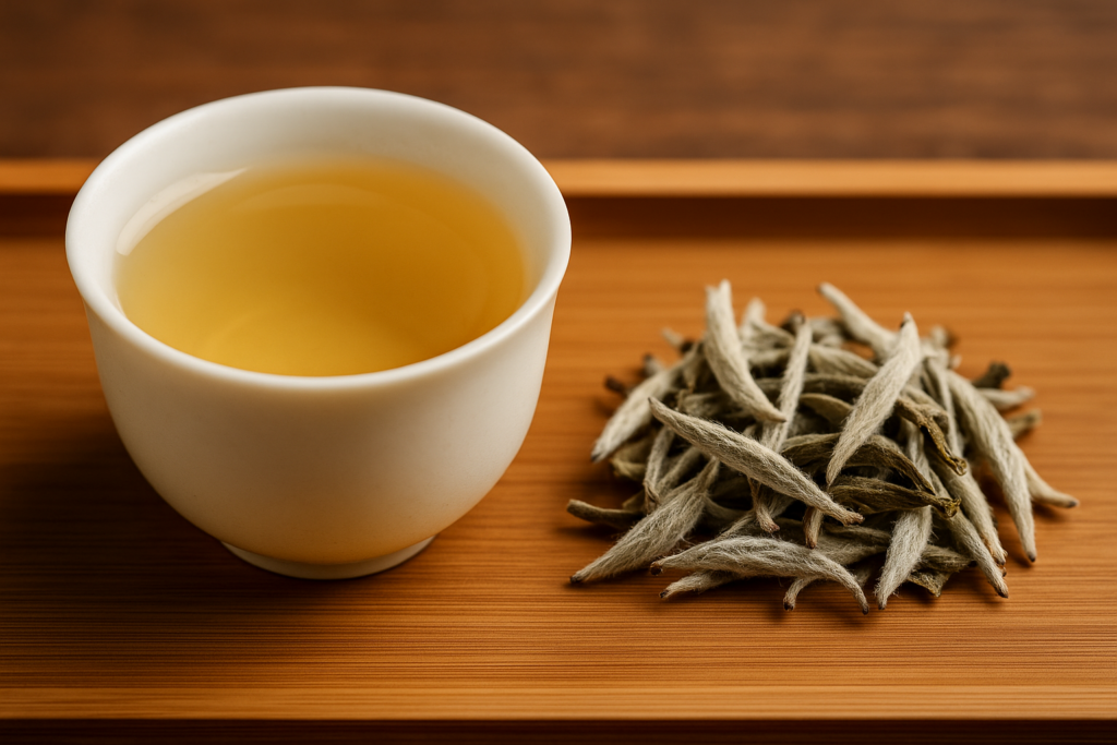 Trà Bạch Hào – Trà trắng cao cấp, thanh tao & quý phái Tách trà Bạch Hào vàng nhạt trong vắt đặt cạnh búp trà khô phủ lông trắng.