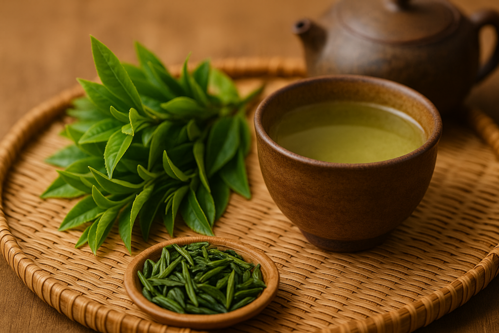 Tách trà Long Tỉnh trong vắt đặt cạnh lá trà khô dẹt đặc trưng.