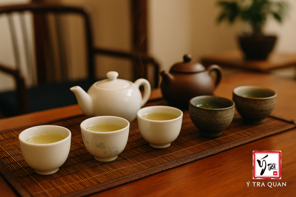 Bộ chén trà tại Ý Trà Quán trong không gian trà thất, sang trọng tinh tế.