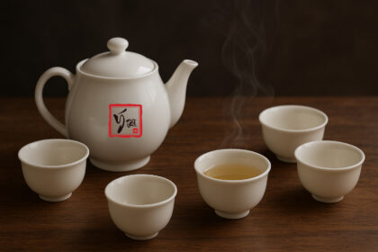 Bộ chén trà đẹp bằng sứ trắng trên bàn gỗ, khói trà nhẹ nhàng.