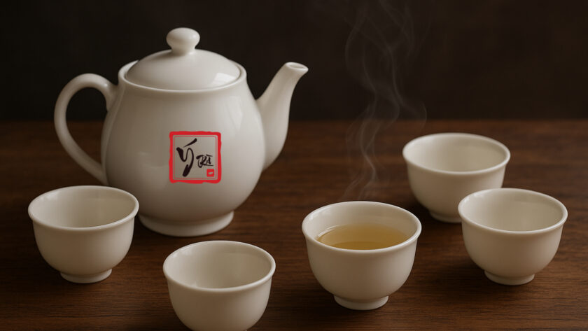 Bộ chén trà đẹp bằng sứ trắng trên bàn gỗ, khói trà nhẹ nhàng.