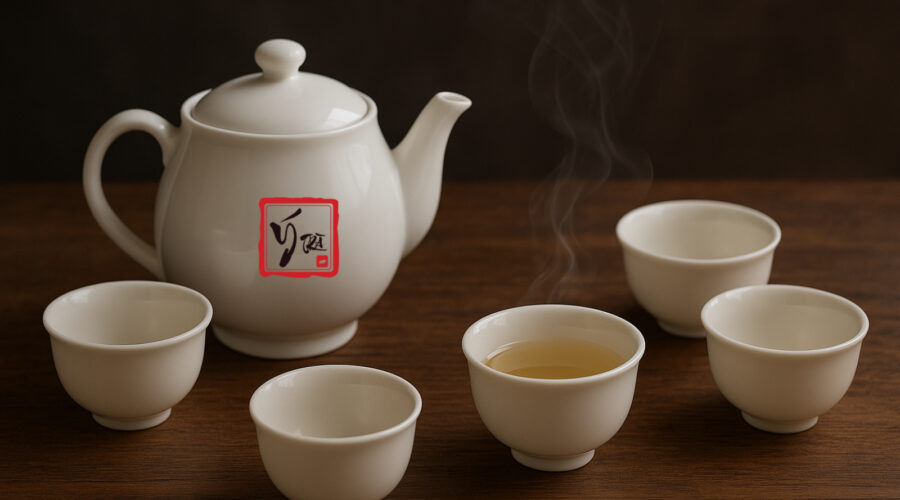 Bộ chén trà đẹp bằng sứ trắng trên bàn gỗ, khói trà nhẹ nhàng.