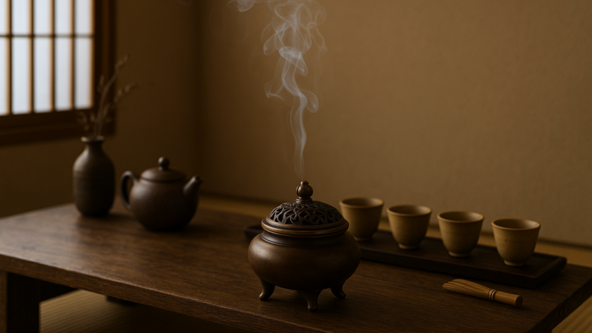 Trà thất tối giản với bàn trà gỗ và lư xông trầm đồng, khói trầm lan tỏa tạo không gian tĩnh lặng.