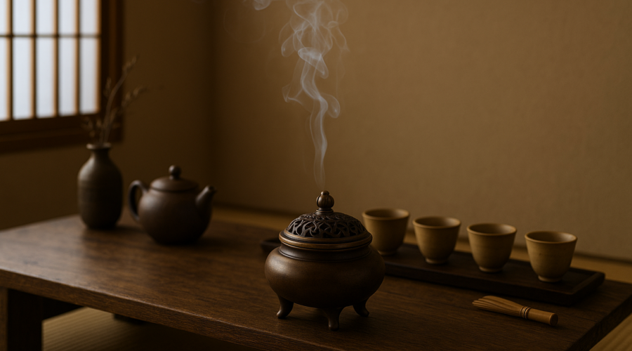 Trà thất tối giản với bàn trà gỗ và lư xông trầm đồng, khói trầm lan tỏa tạo không gian tĩnh lặng.