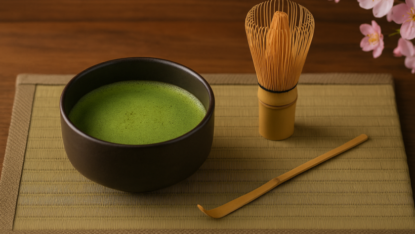 Banner thưởng trà Nhật Bản với bát matcha, chổi tre Chasen và phong cách trà đạo.