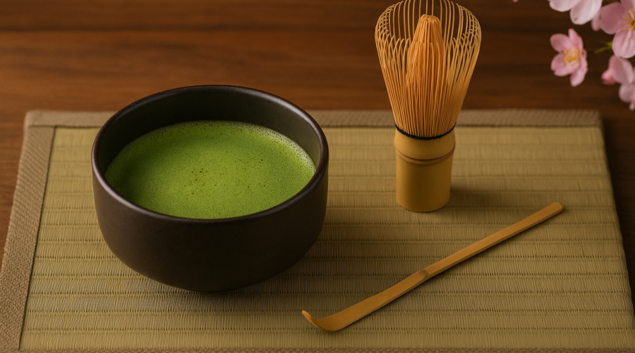 Banner thưởng trà Nhật Bản với bát matcha, chổi tre Chasen và phong cách trà đạo.