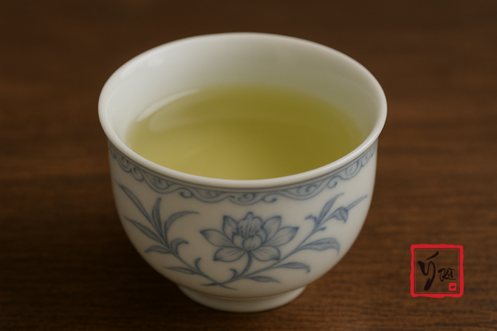 Chén sứ Cảnh Đức men trắng hoa văn tinh tế, đựng trà xanh.