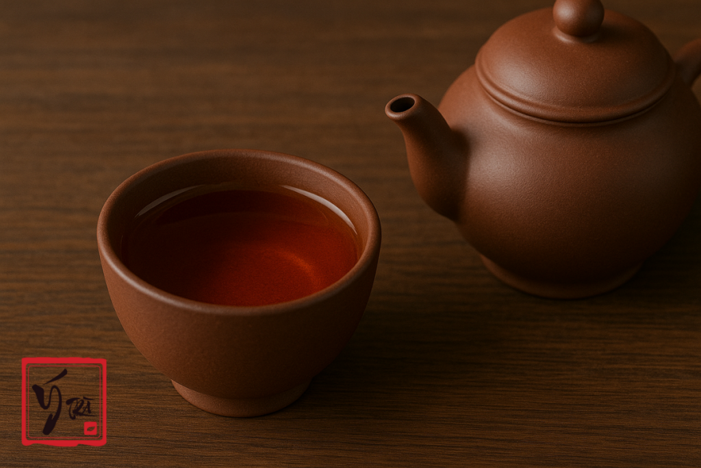 Chén tử sa màu nâu trầm, pha hồng trà, đặt cạnh ấm tử sa.