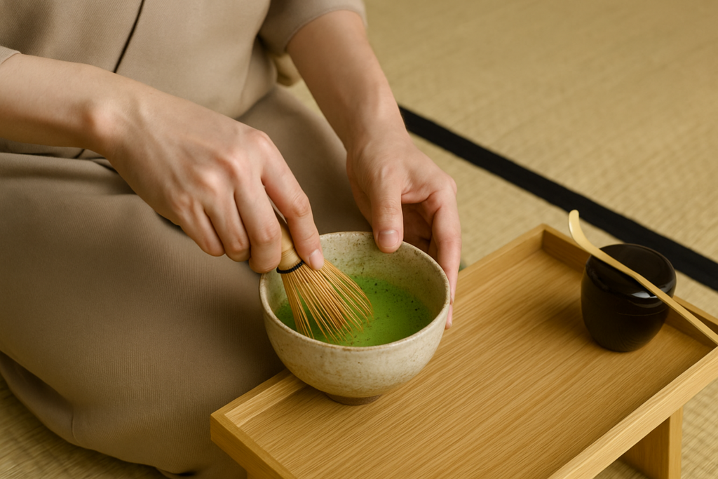Người Nhật dùng chasen đánh matcha tạo bọt.