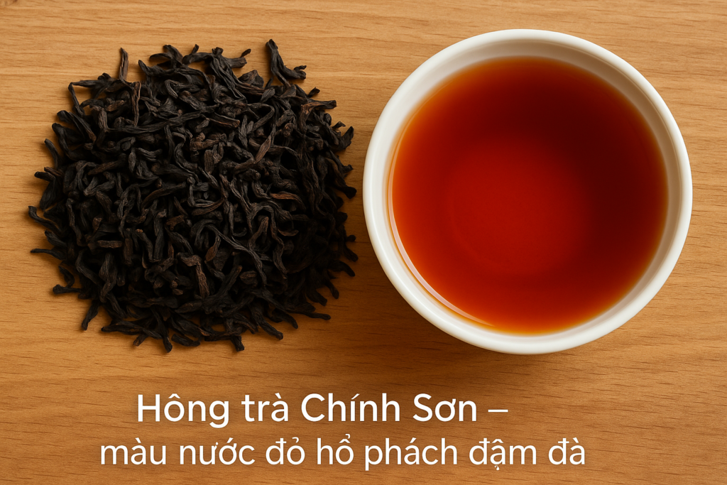 Phân biệt các loại trà theo cấp độ oxy hóa: Trà xanh – Ô Long – Hồng trà – Phổ Nhĩ Hồng trà Chính Sơn – màu nước đỏ hổ phách đậm đà