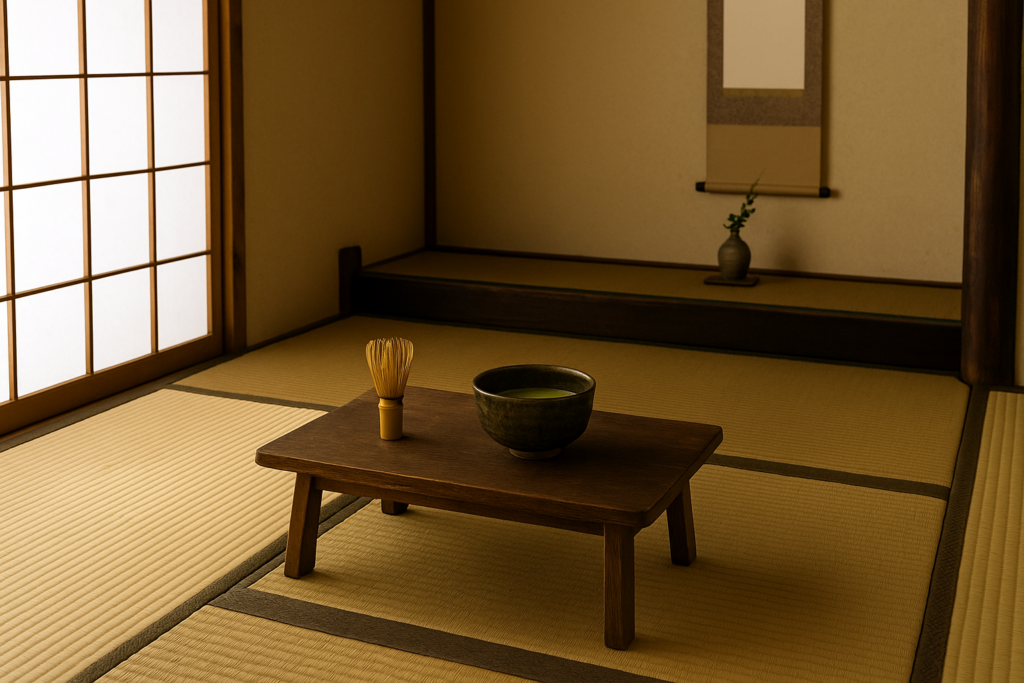 Không gian trà đạo Nhật truyền thống với tatami và bàn trà.
