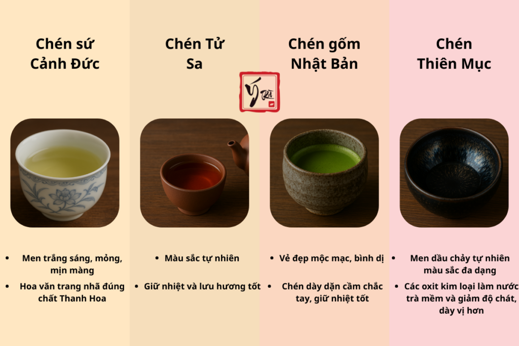 So sánh các loại chén trà: sứ Cảnh Đức, tử sa, gốm Nhật Bản, thiên mục.
