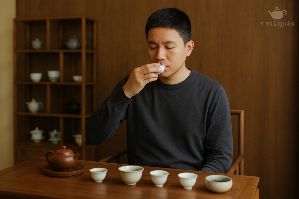 Người thưởng trà Ô Long trong không gian trà thất tại Ý Trà Quán, phong cách thiền vị và trang nhã.
