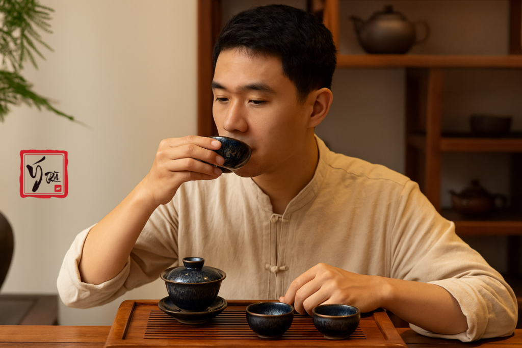 Khách thưởng trà với bộ chén Thiên Mục trong không gian Ý Trà Quán.
