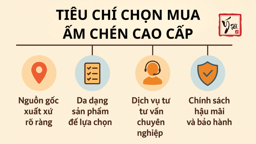 Infographic các tiêu chí lựa chọn địa chỉ uy tín để mua ấm chén cao cấp.