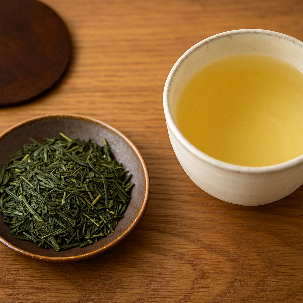 Trà sencha Nhật Bản với lá khô và chén nước trà.