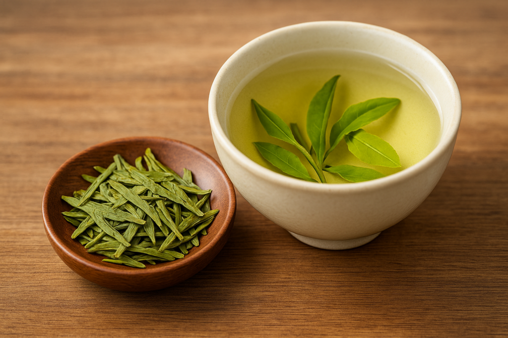 Phân biệt các loại trà theo cấp độ oxy hóa: Trà xanh – Ô Long – Hồng trà – Phổ Nhĩ Trà xanh Long Tỉnh – lá xanh, hương thanh mát