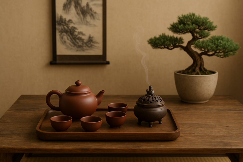 Bộ ấm tử sa và lư xông trầm decor phòng trà thiền.