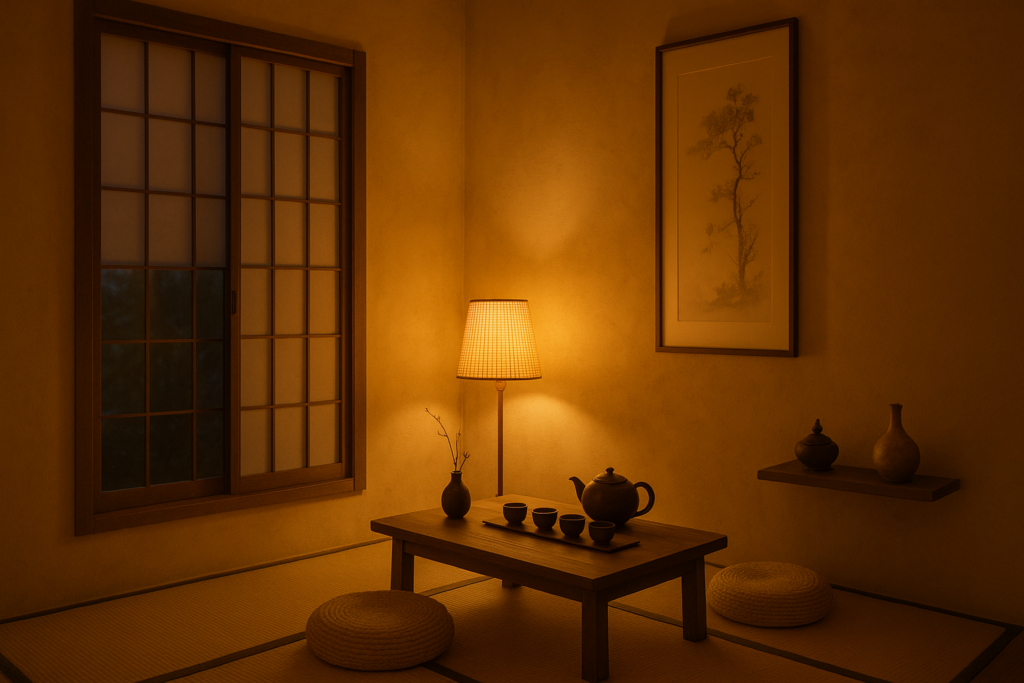 Decor ánh sáng vàng dịu trong phòng trà thiền nhỏ.