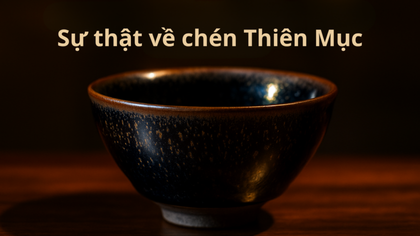 Banner chén Thiên Mục men đen ánh kim đặt trong không gian trà đạo trầm tĩnh, ánh sáng phản chiếu như ngân hà, phong cách Zen tại Ý Trà Quán