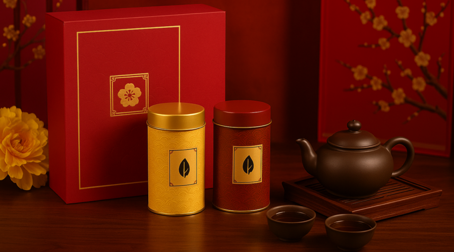 Banner quà trà Tết 2026 – hộp trà sang trọng, màu đỏ vàng, bàn trà gỗ