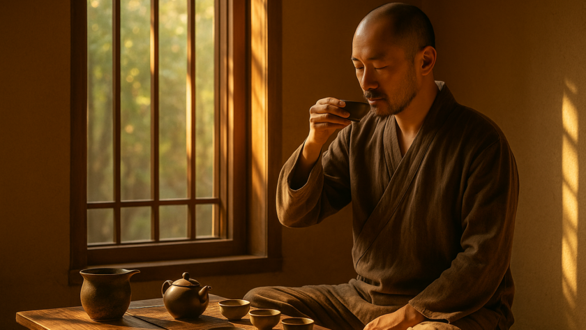 Khách hàng thưởng trà trong không gian thiền tĩnh, ánh sáng buổi sớm – biểu tượng cho sự tĩnh lặng nơi trà. Review trà đạo