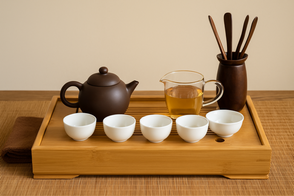 Bộ trà cụ cơ bản gồm ấm, chén, khay trà và phụ kiện đặt trên bàn tre tinh tế.
