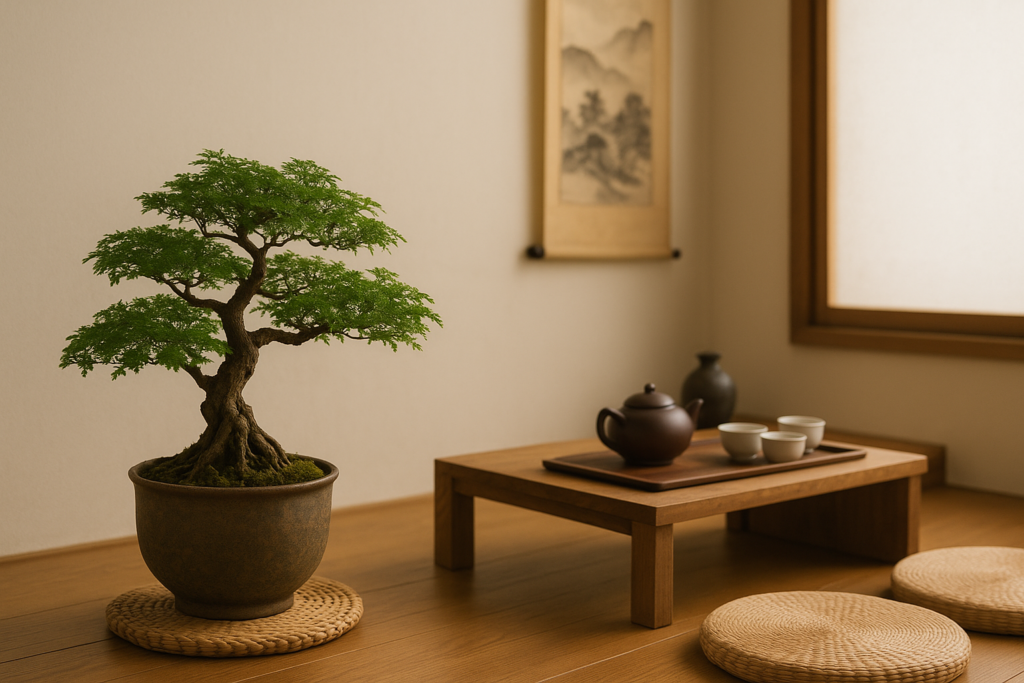 Bonsai xanh đặt trong không gian nhỏ của phòng trà thiền.