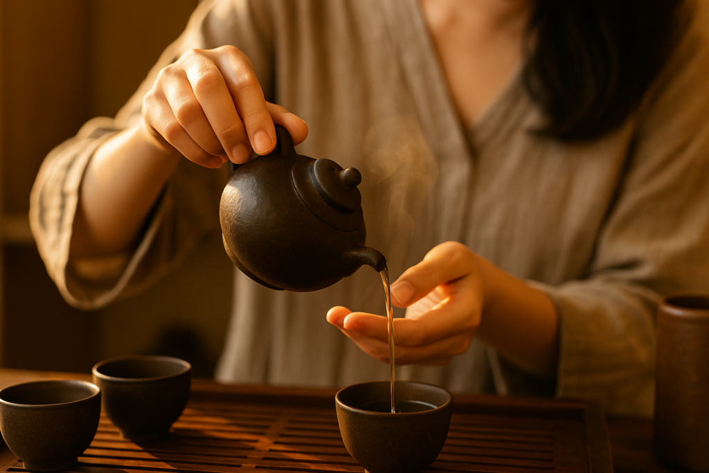 Cận cảnh khách hàng rót trà, cảm nhận sự an yên trong từng động tác.