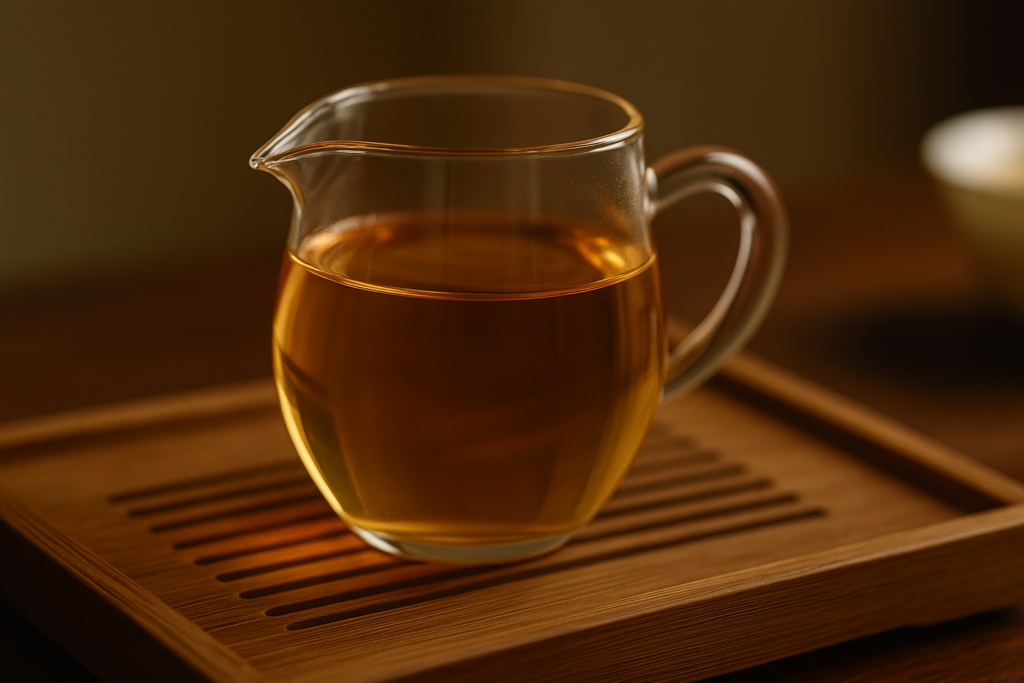 Chuyên trà thủy tinh trong suốt đựng nước trà vàng óng ánh.