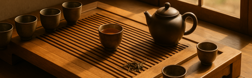 Bàn trà gỗ phong cách Zen – không gian thưởng trà thanh tịnh.