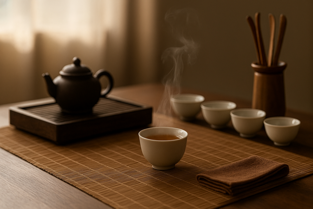 Bàn trà với ánh sáng nhẹ, bốc hơi trà ấm, thể hiện sự tĩnh lặng trong nghệ thuật trà đạo.