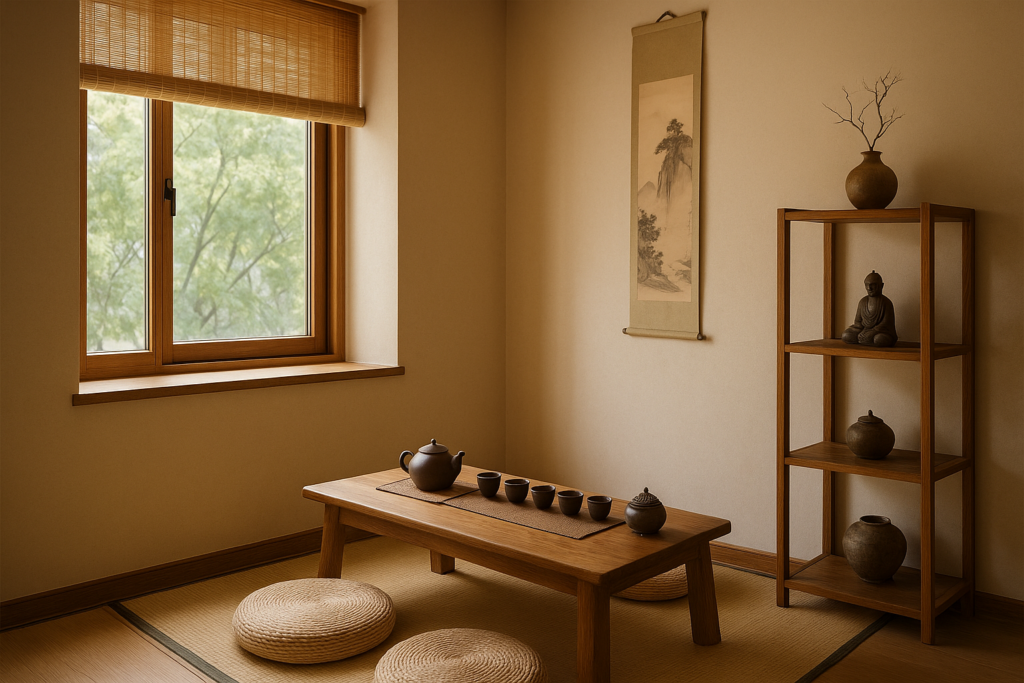 Phòng trà thiền decor tại góc cửa sổ, không gian nhỏ, ánh sáng tự nhiên.